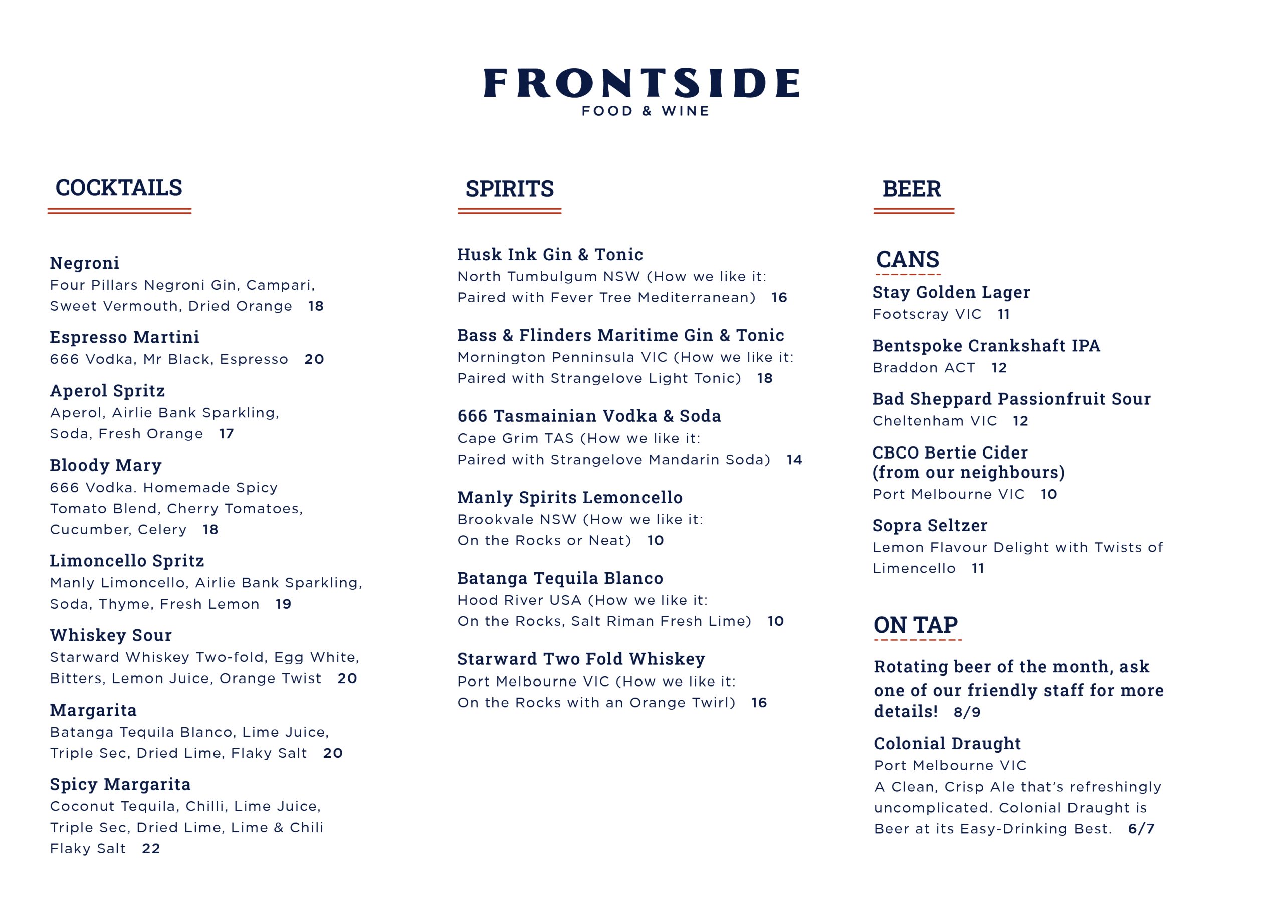 alcoholic drinks menu frontside food and wine
